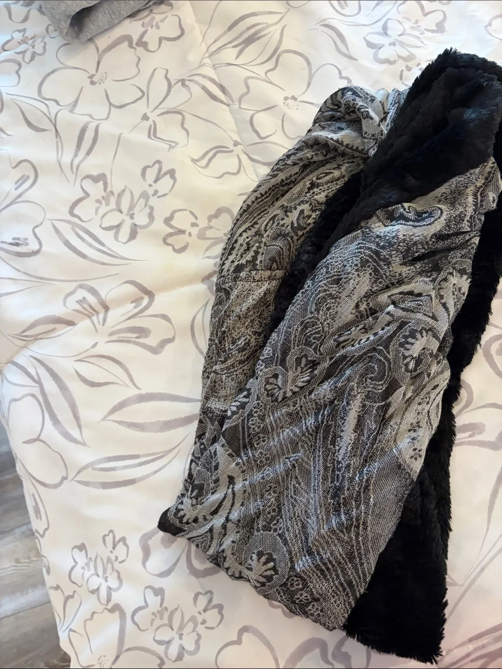 Black Faux Fur infinity  Scarf with Gray Patterned Knit Accent